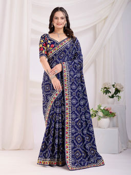 VAIRAGEE - Panetar Navy Blue Vichitra Silk Print Embroidery Saree with Unstitched Blouse
