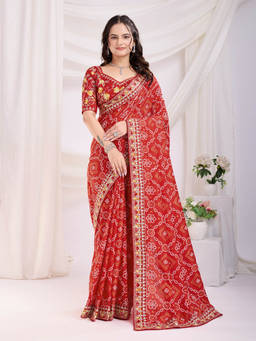 VAIRAGEE - Panetar Red Vichitra Silk Print Embroidery Saree with Unstitched Blouse
