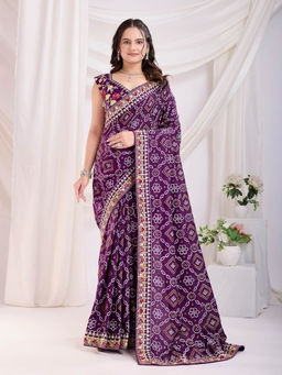 VAIRAGEE - Panetar Purple Vichitra Silk Print Embroidery Saree with Unstitched Blouse