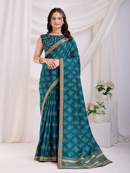 VAIRAGEE - Bandhej Teal Vichitra Silk Print Embroidery Saree with Unstitched Blouse
