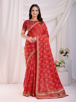 VAIRAGEE - Bandhej Red Vichitra Silk Print Embroidery Saree with Unstitched Blouse