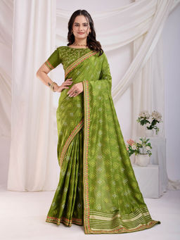 VAIRAGEE - Bandhej Olive Vichitra Silk Print Embroidery Saree with Unstitched Blouse