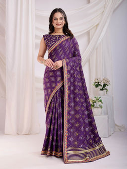 VAIRAGEE - Bandhej Purple Vichitra Silk Print Embroidery Saree with Unstitched Blouse
