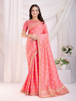 VAIRAGEE - Bandhej Peach Vichitra Silk Print Embroidery Saree with Unstitched Blouse