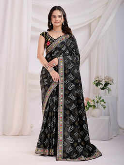 VAIRAGEE - Panetar-2 Black Vichitra Silk Print Embroidery Saree with Unstitched Blouse
