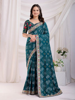 VAIRAGEE - Panetar-2 Teal Vichitra Silk Print Embroidery Saree with Unstitched Blouse