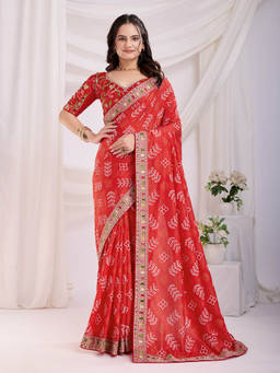 VAIRAGEE - Panetar-2 Red Vichitra Silk Print Embroidery Saree with Unstitched Blouse