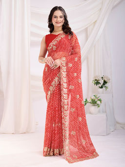 VAIRAGEE - Kavya Red Georgette Print Embellished Saree with Unstitched Blouse