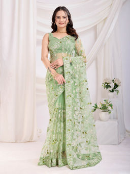 VAIRAGEE - Vaamika-22 Olive Soft Net Embroidery Saree with Unstitched Blouse