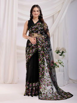 VAIRAGEE - Vaamika-21 Black Soft Net Embroidery Saree with Unstitched Blouse
