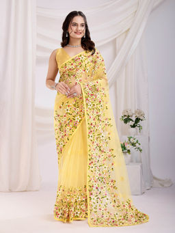 VAIRAGEE - Vaamika-21 Yellow Soft Net Embroidery Saree with Unstitched Blouse