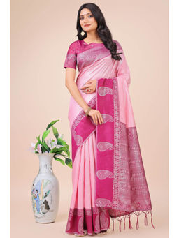 Mysilklove - Barbie Pink Woven Banarasi Saree with Unstitched Blouse