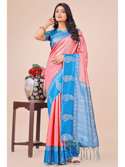 Mysilklove - Peach Bud Woven Banarasi Saree with Unstitched Blouse