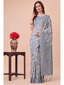 Mysilklove - Iron Grey Woven Cotton Saree with Unstitched Blouse