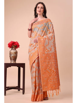 Mysilklove - Squash Orange Woven Cotton Saree with Unstitched Blouse