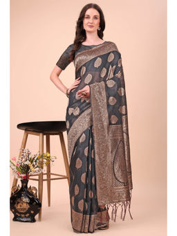 Mysilklove - Raven Black Woven Cotton Saree with Unstitched Blouse