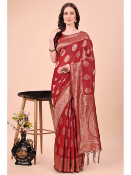 Mysilklove - Garnet Red Woven Cotton Saree with Unstitched Blouse