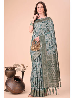 Mysilklove - Peridot Green Woven Cotton Saree with Unstitched Blouse