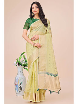 Mysilklove - Biscotti Yellow Woven Organza Saree with Unstitched Blouse