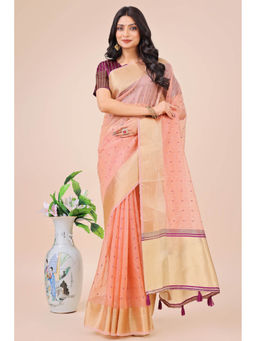 Mysilklove - Melon Peach Woven Organza Saree with Unstitched Blouse