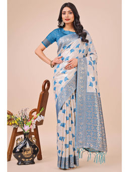 Mysilklove - Ice White and Blue Linen Cotton Saree with Unstitched Blouse