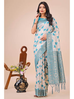 Mysilklove - Rice White and Blue Linen Cotton Saree with Unstitched Blouse