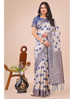 Mysilklove - Daisy White and Blue Linen Cotton Saree with Unstitched Blouse