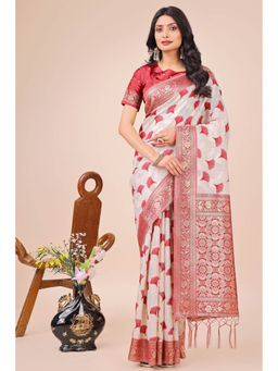 Mysilklove - Salt White and Red Linen Cotton Saree with Unstitched Blouse