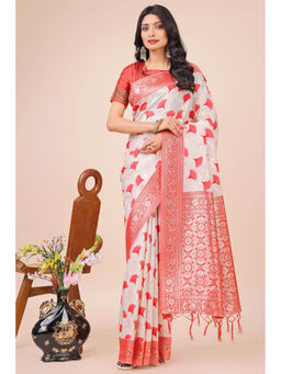 Mysilklove - Lace White and Red Linen Cotton Saree with Unstitched Blouse