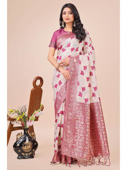Mysilklove - Bone White and Pink Linen Cotton Saree with Unstitched Blouse