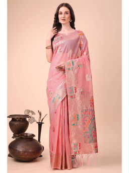 Mysilklove - Melon Pink Linen Cotton Saree with Unstitched Blouse