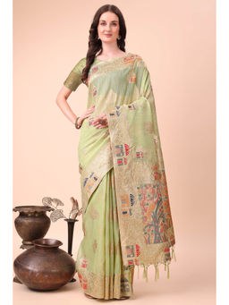 Mysilklove - Apple Green Linen Cotton Saree with Unstitched Blouse