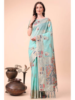 Mysilklove - Celeste Blue Linen Cotton Saree with Unstitched Blouse