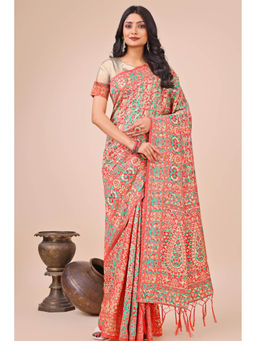 Mysilklove - Mandy Peach Woven Pashmina Saree with Unstitched Blouse