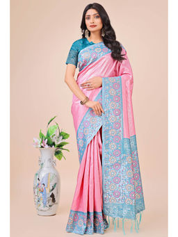 Mysilklove - Brink Pink Woven Banarasi Saree with Unstitched Blouse