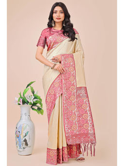 Mysilklove - Porcelain Cream Woven Banarasi Saree with Unstitched Blouse