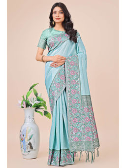 Mysilklove - Colombia Blue Woven Banarasi Saree with Unstitched Blouse