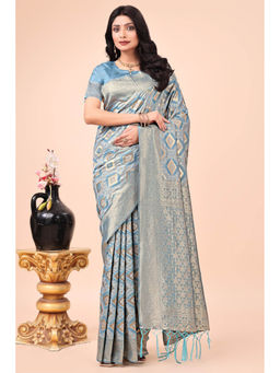 Mysilklove - Chetwode Blue Woven Cotton Saree with Unstitched Blouse