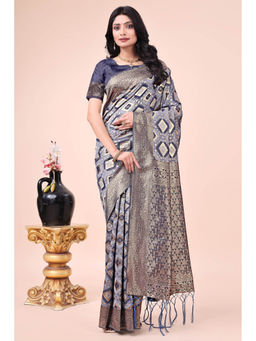 Mysilklove - Midnight Blue Woven Cotton Saree with Unstitched Blouse