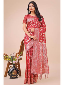 Mysilklove - Red Linen Cotton Saree with Unstitched Blouse