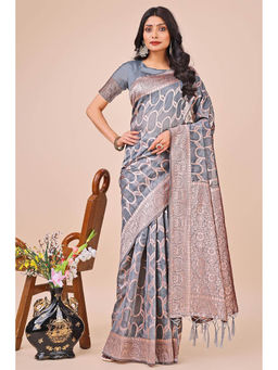 Mysilklove - Nevada Grey Linen Cotton Saree with Unstitched Blouse