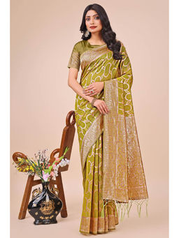 Mysilklove - Olive Linen Cotton Saree with Unstitched Blouse