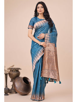 Mysilklove - Cyan Blue Linen Cotton Saree with Unstitched Blouse