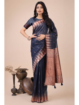 Mysilklove - Indigo Blue Linen Cotton Saree with Unstitched Blouse