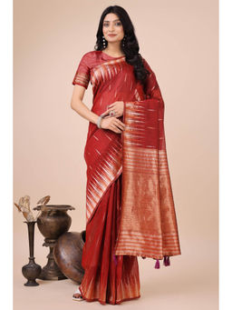 Mysilklove - Ceramic Red Linen Cotton Saree with Unstitched Blouse
