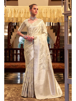 Mysilklove - Bisque Cream Woven Satin Soft Silk Saree with Unstitched Blouse