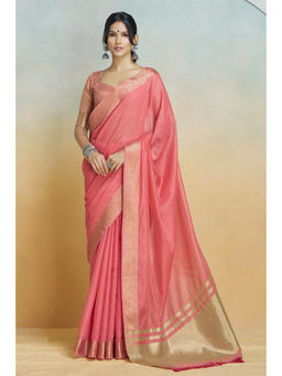 Mysilklove - Lipstick Pink Woven Maheshwari Saree with Unstitched Blouse