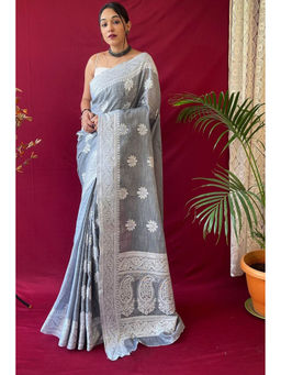 SGF11 - Grey Women Kanjivaram Soft Cotton Linen Silk Saree with Unstitched Blouse