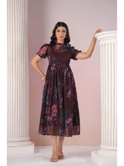 Polago Clothing - Wine Floral Printed Midi Dress