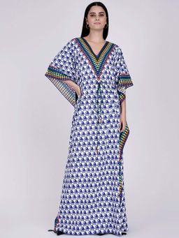 First Resort by Ramola Bachchan - Blue And White Triangle Geometric Print Full Length Kaftan